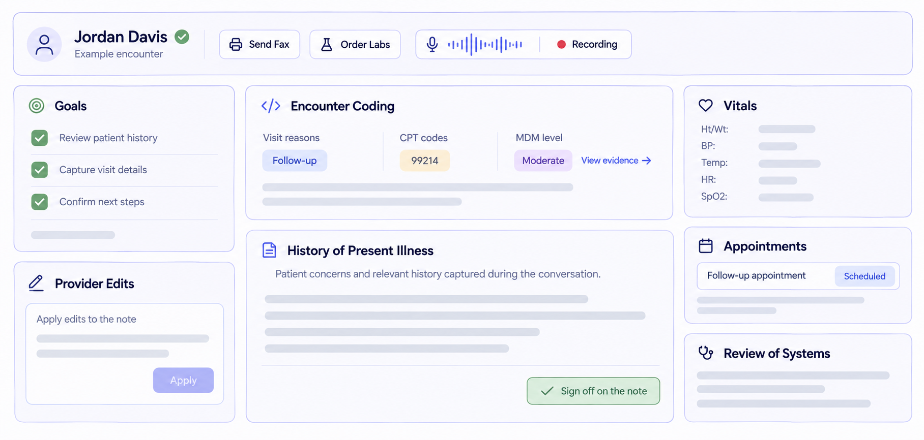 AI Live Scribe encounter workspace with voice recording, goals, provider edits, encounter coding, notes, vitals, and appointments