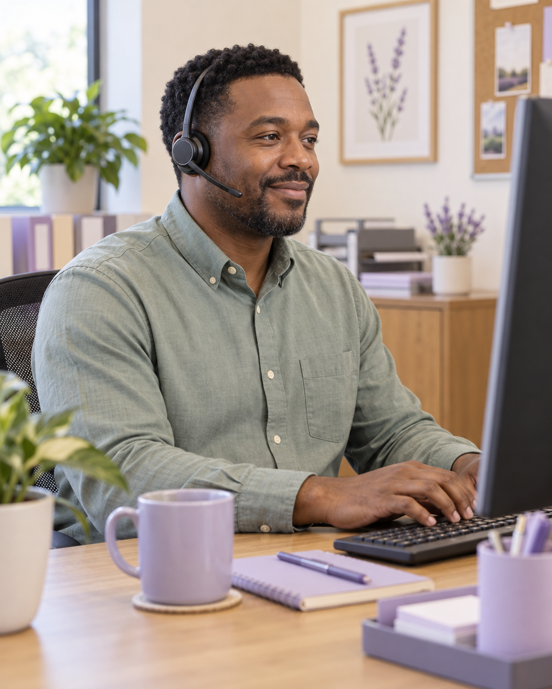Back-office clinic coordinator in a sage shirt working at a computer with a headset