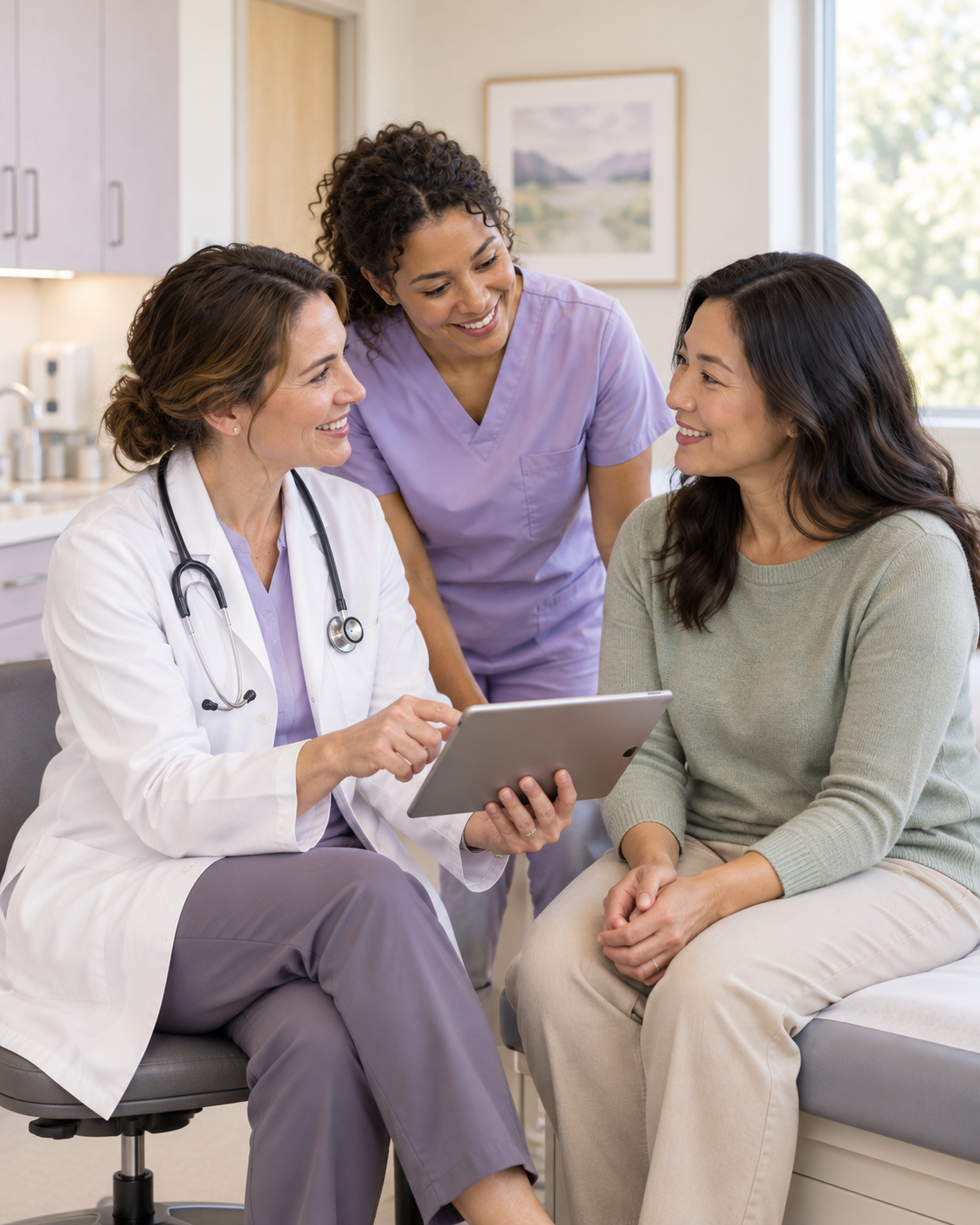 Clinician and nurse discussing next steps with a patient in a warm, sunlit clinic
