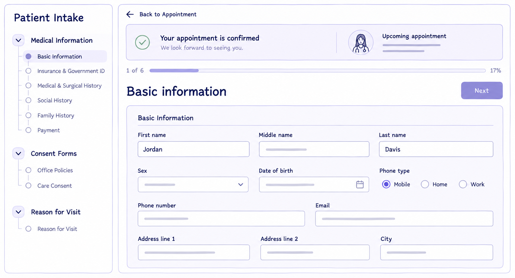 Patient intake forms showing medical information, insurance and government ID, consent forms, payment, and reason for visit