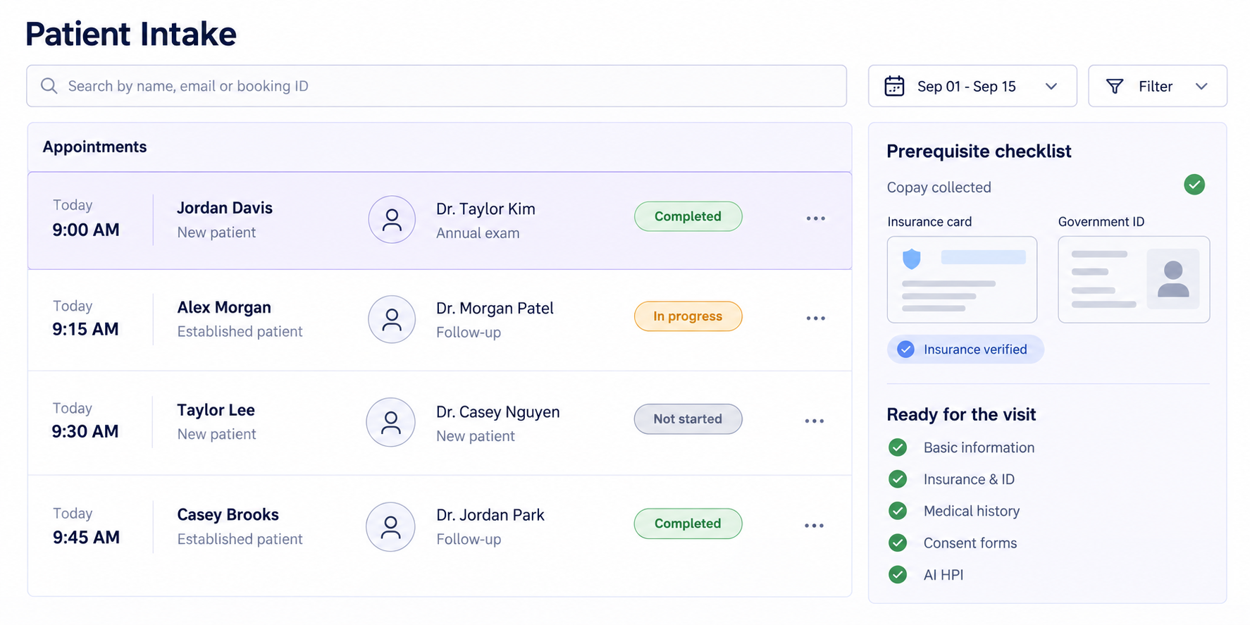 Clinic staff appointment list showing intake status and a patient checklist with insurance and ID uploads, verification, copay status, and completed prerequisites