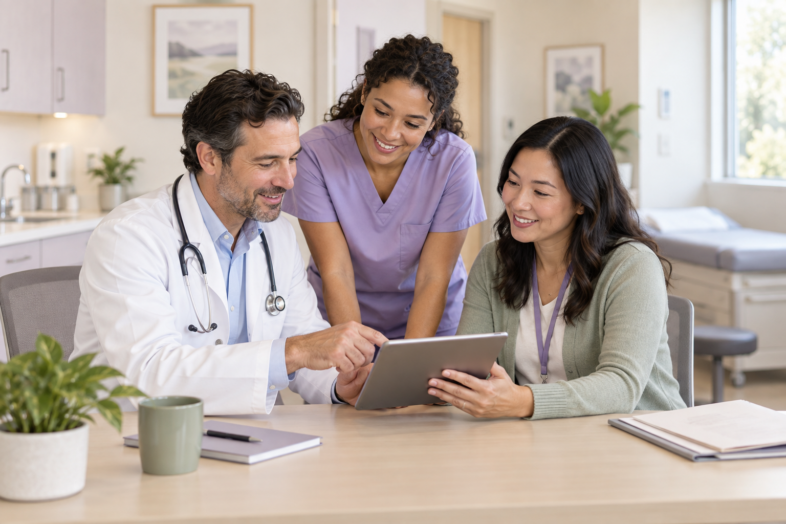 Clinician, nurse and office coordinator reviewing care workflows together