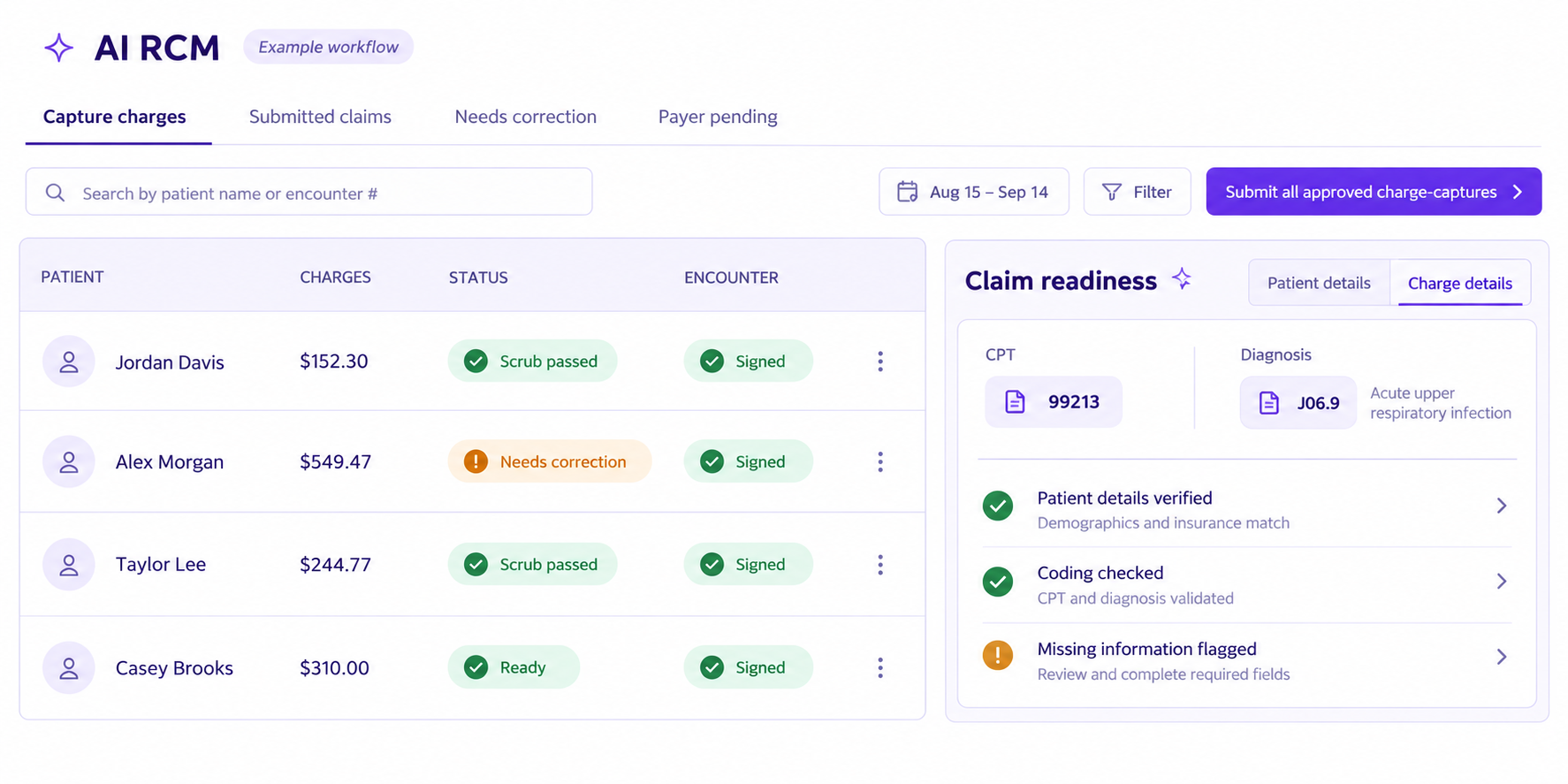 AI RCM claim queue and claim readiness checks, with missing information flagged for correction